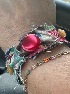 Handcrafted Pink Button Fabric Bracelet - Women's Jewelry